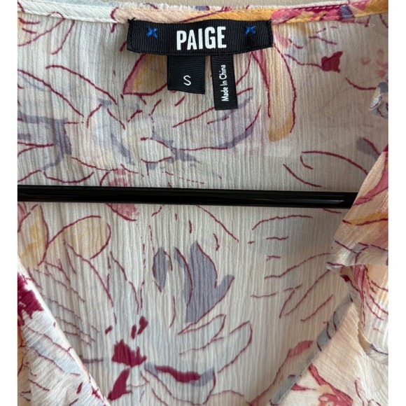 Paige Dorit Floral Ruffle Silk Blouse Cream Multi Size S Long Sleeve V-Neck - Picture 4 of 4
